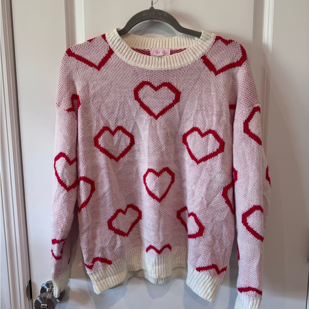 Pink Lily Heart Motif Sweater in Pink and Red